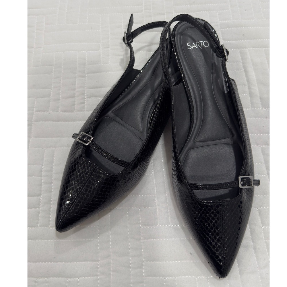 Sarto Franco Sarto Black Snakeskin Embossed Slingback Pointed‎ Toe Flats 8.5